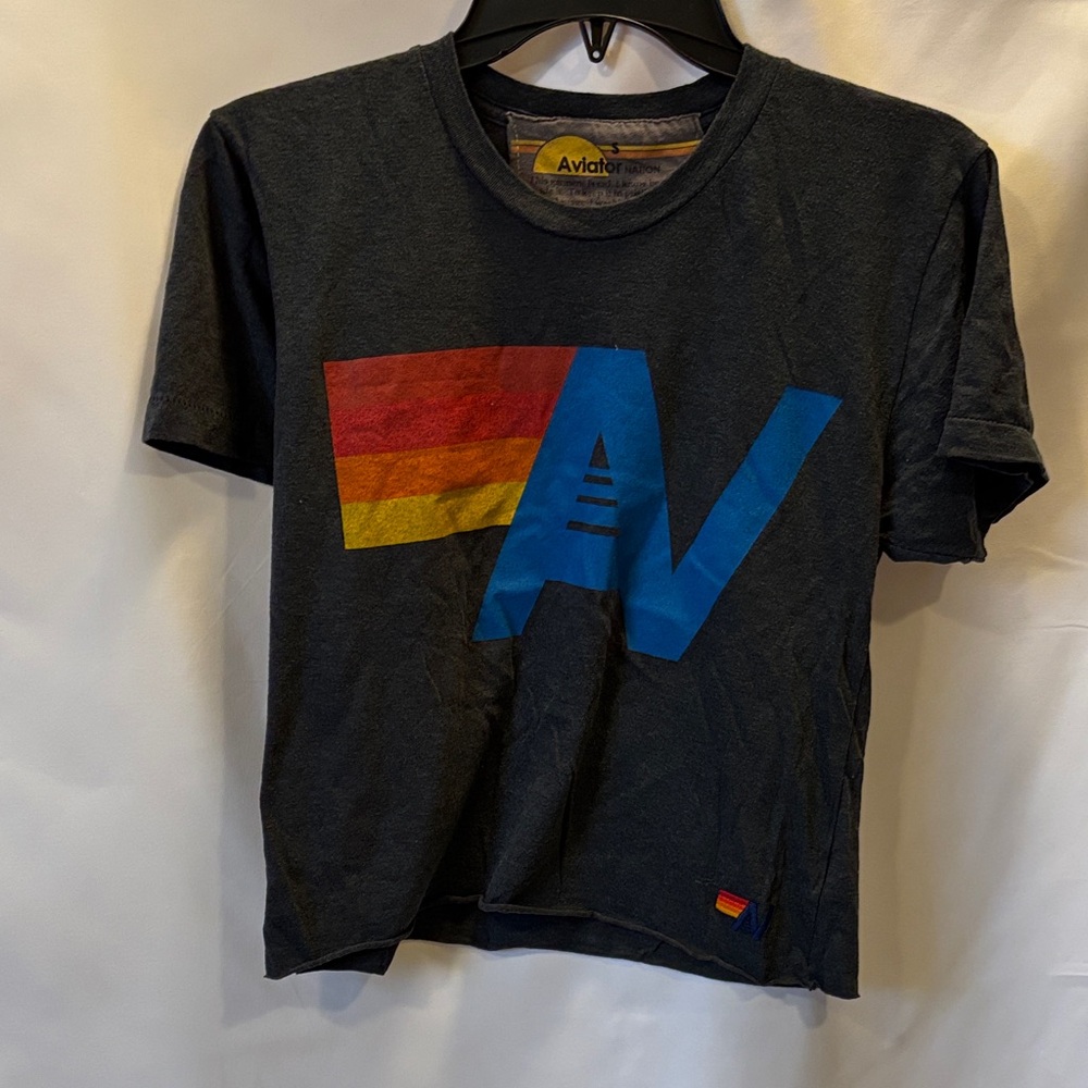 Aviator Nation Charcoal Gray Crewneck with Yellow Tag Accent